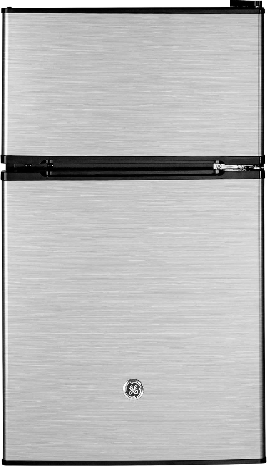 GE Mini Fridge With Freezer | 3.1 Cubic Ft. | Double-Door Design With Glass Shelves, Crisper Drawer & Spacious Freezer | Small Refrigerator Perfect for the Garage, Dorm Room, or Bedroom | Clean Steel