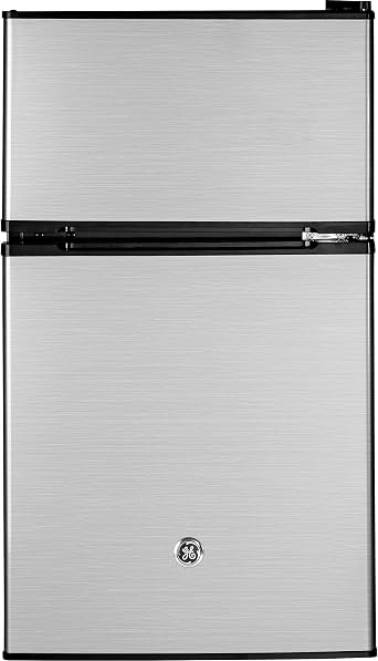 GE Mini Fridge With Freezer | 3.1 Cubic Ft. | Double-Door Design With Glass Shelves, Crisper Drawer & Spacious Freezer | Small Refrigerator Perfect for the Garage, Dorm Room, or Bedroom | Clean Steel