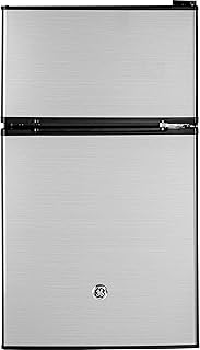 GE Mini Fridge With Freezer | 3.1 Cubic Ft. | Double-Door Design With Glass Shelves, Crisper Drawer & Spacious Freezer | Small Refrigerator Perfect for the Garage, Dorm Room, or Bedroom | Clean Steel