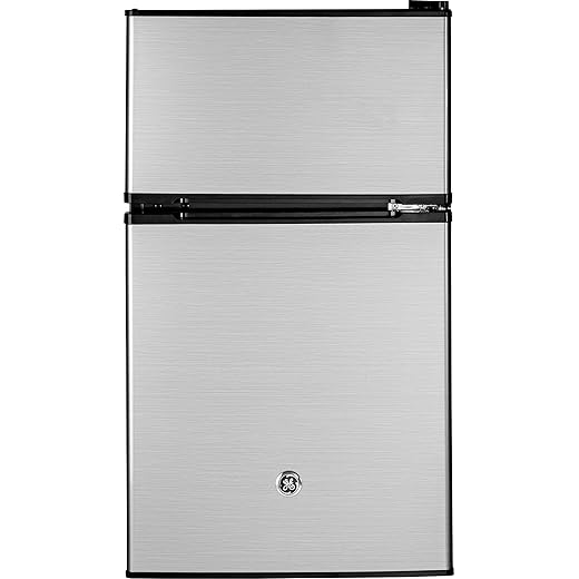 GE Mini Fridge With Freezer | 3.1 Cubic Ft. | Double-Door Design With Glass Shelves, Crisper Drawer & Spacious Freezer | Small Refrigerator Perfect for the Garage, Dorm Room, or Bedroom | Clean Steel