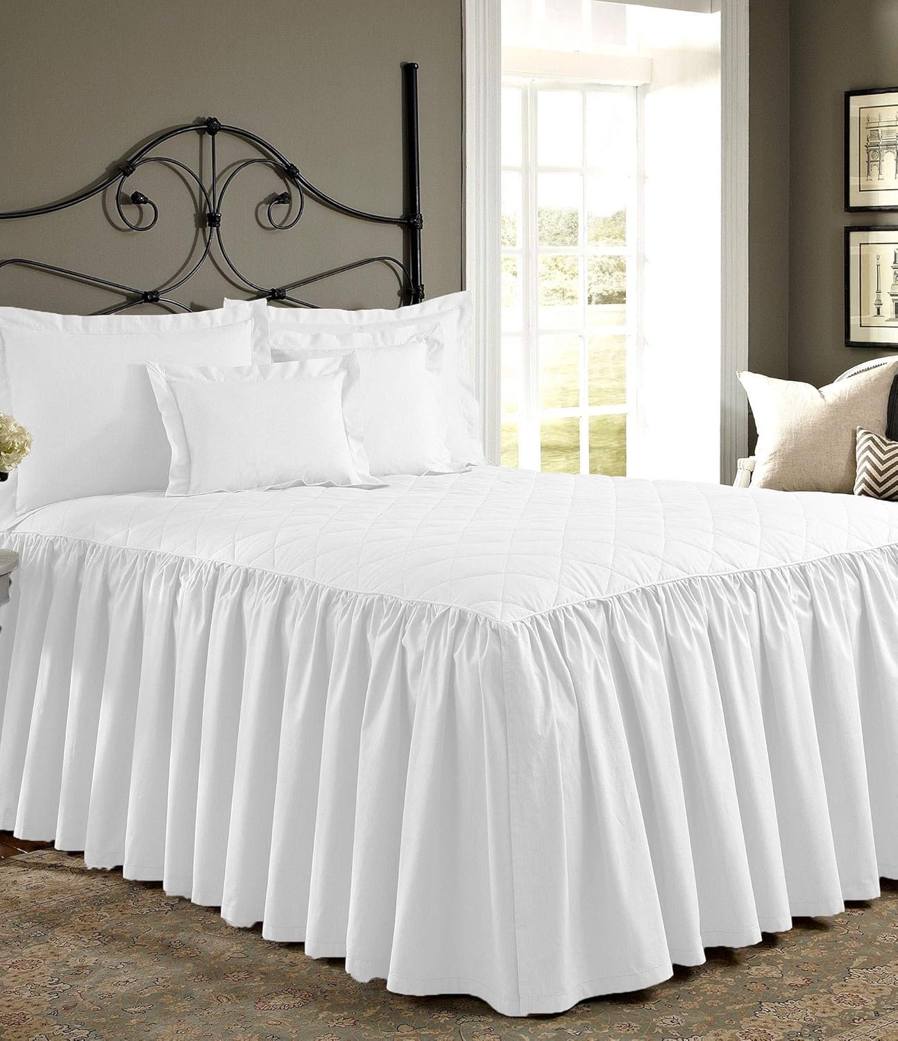 25" Drop 3 Piece Quilted Dust Ruffle Bed Skirt/Bed Spread with Pillowsham 100% Egyptian Cotton 500 TC White Full Size