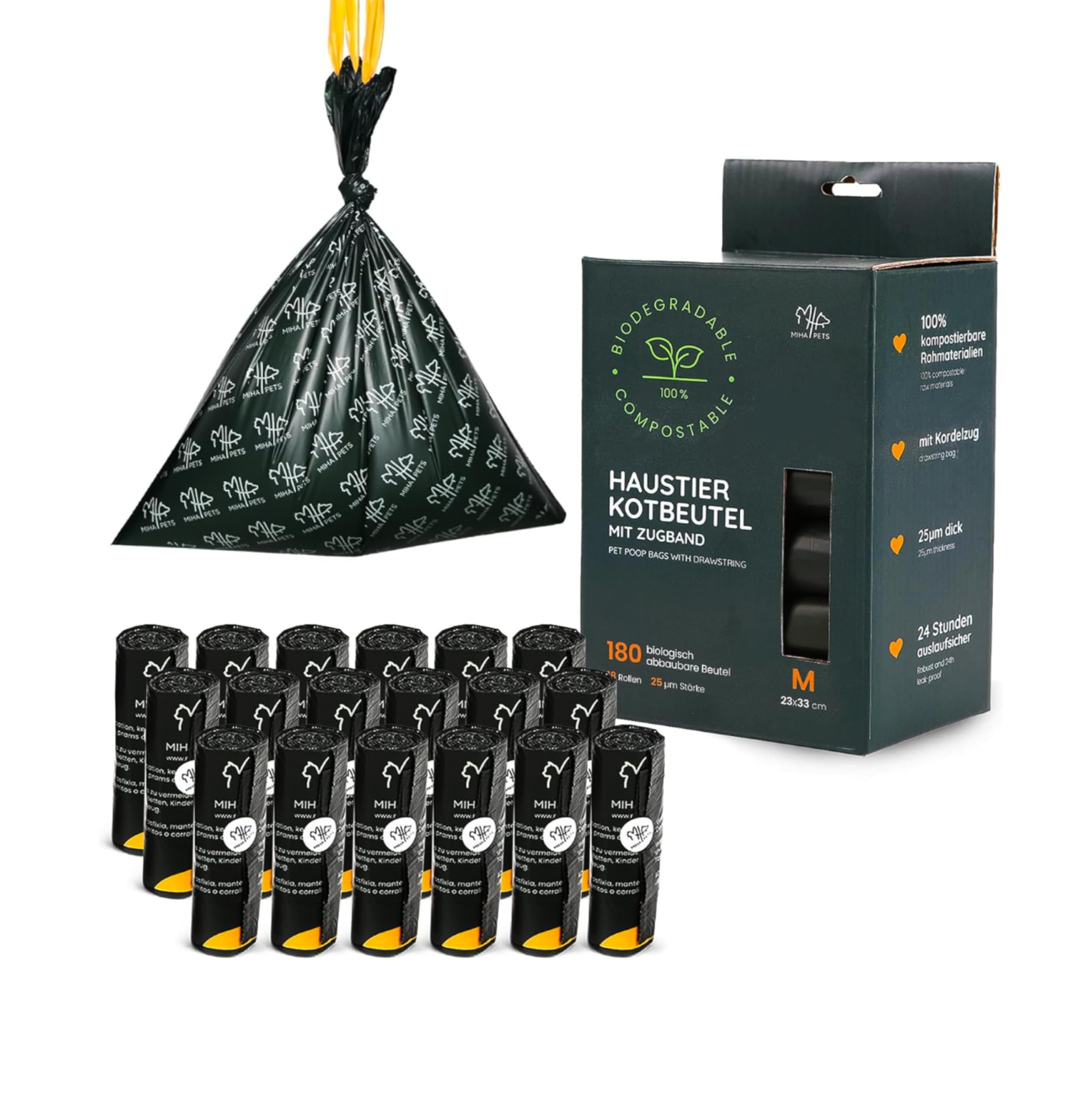MIHA PETS Hundekotbeutel mit Zugband | Extra dick 25μm auslaufsicher | TÜV zertifiziert Vollständig kompostierbar biologisch abbaubare | 180 Stück Kotbeutel für Hunde Dog Poop bags | Größe M