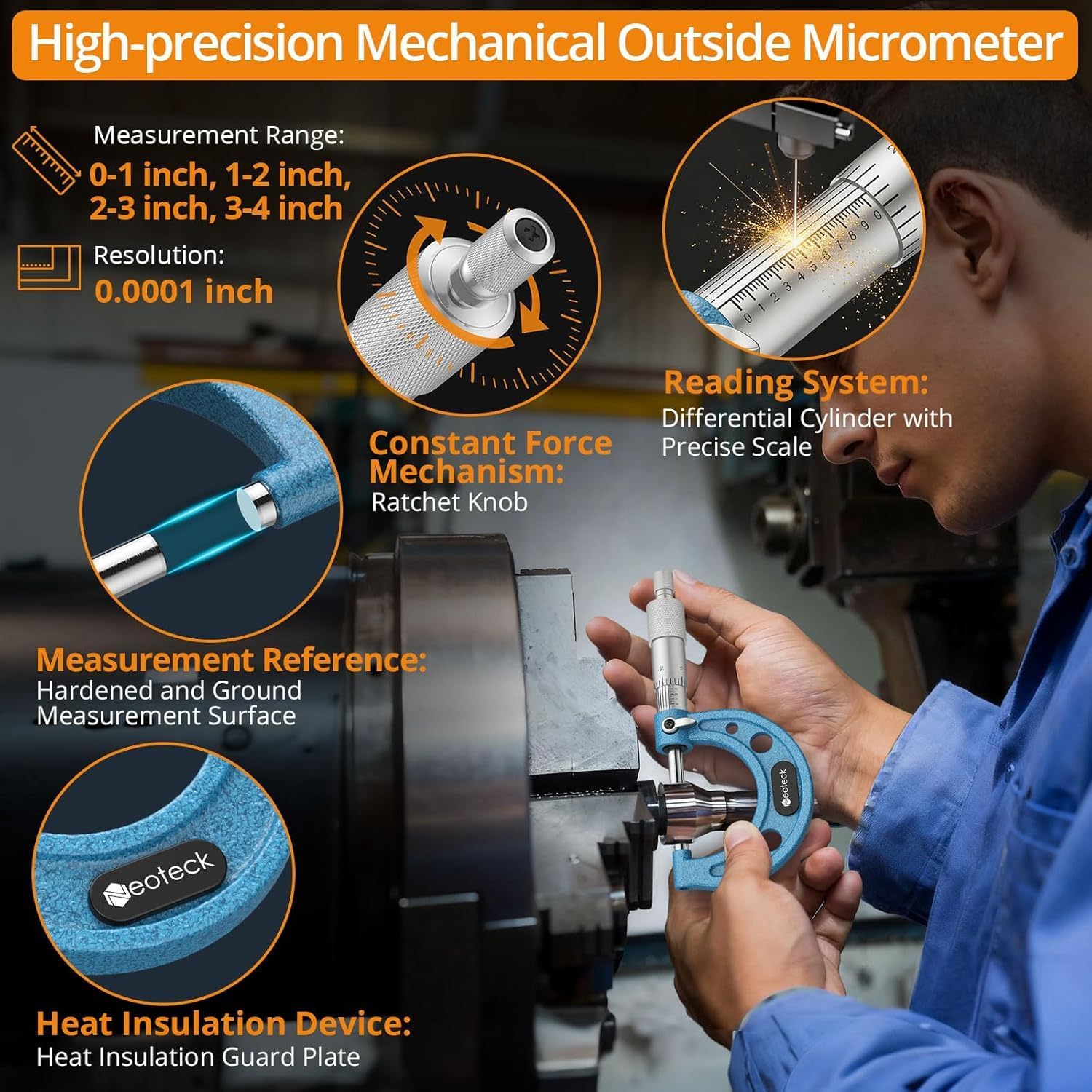 Neoteck Mechaniczny mikrometr zewnętrzny 0-100 mm - 4-częściowy zestaw 0-25/25-50/50-75/75-100 mm dokładność 0,01 mm z grzechotką, ścianki z węglika, etapy 25/50/75 mm - do obróbki i profesjonalnego