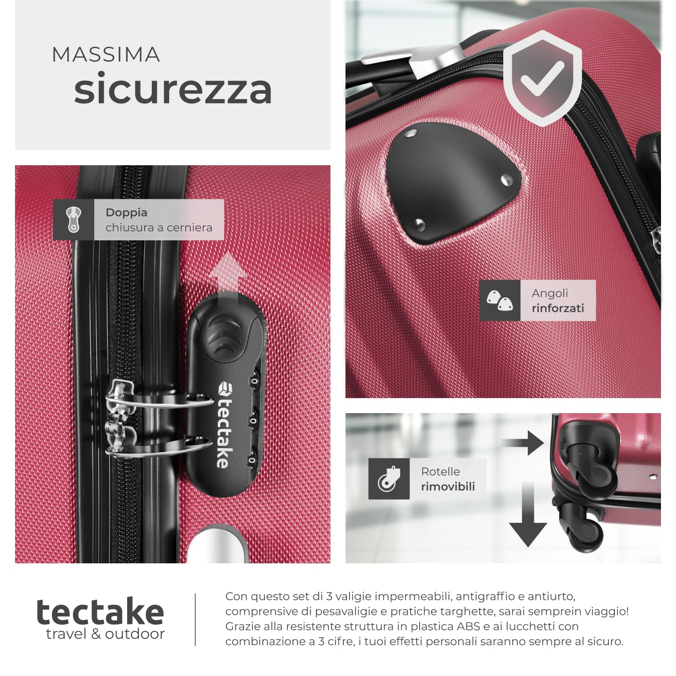 tectake® Set 3 Valigie, Rotelle Girevoli, Trolley Rigidi in ABS, Maniglie Telescopiche, Lucchetti a Combinazione, Set Viaggio con Bilancia ed Etichette per Bagagli - Rosso Vino