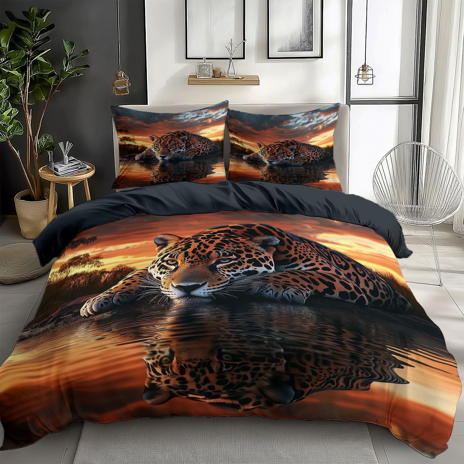 Dusk Sunset 3D Duvet Cover Toddler Jaguar Animal 3D Printed Bedding Set 3 Pcs Soft Microfiber Comforter Cover with 2 Pillowcase 40