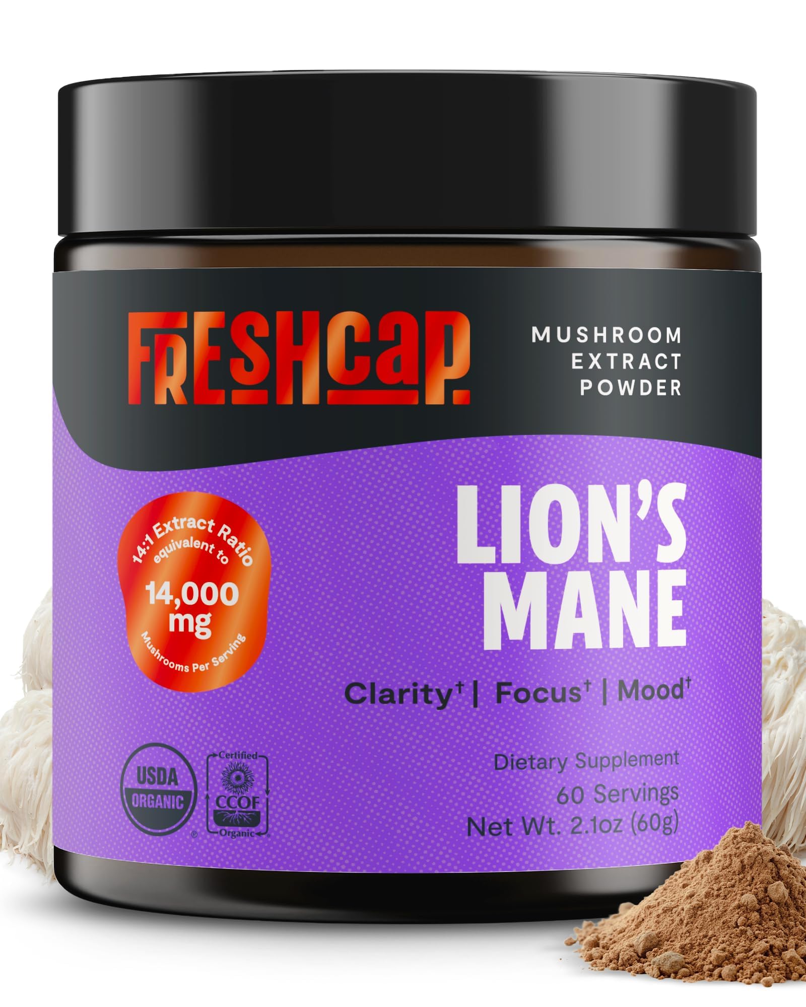 FreshCap Mushrooms Lions Mane Supplement Powder 14,000mg - Lions Mane Extract, Mushroom Supplement for Focus & Memory, Organic Lions Mane Powder (60 Servings)