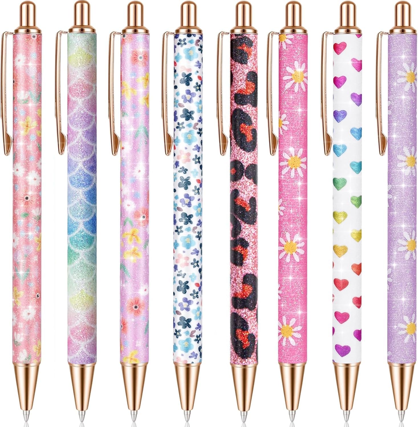 LRANKAI 8 Pack Cute Glitter Ballpoint Pens for Women Girls,1.0 mm Black Ink Retractable Ballpoint Smooth Writing Pens for Office, School, Christmas & Graduation Gifts (Multicolor)