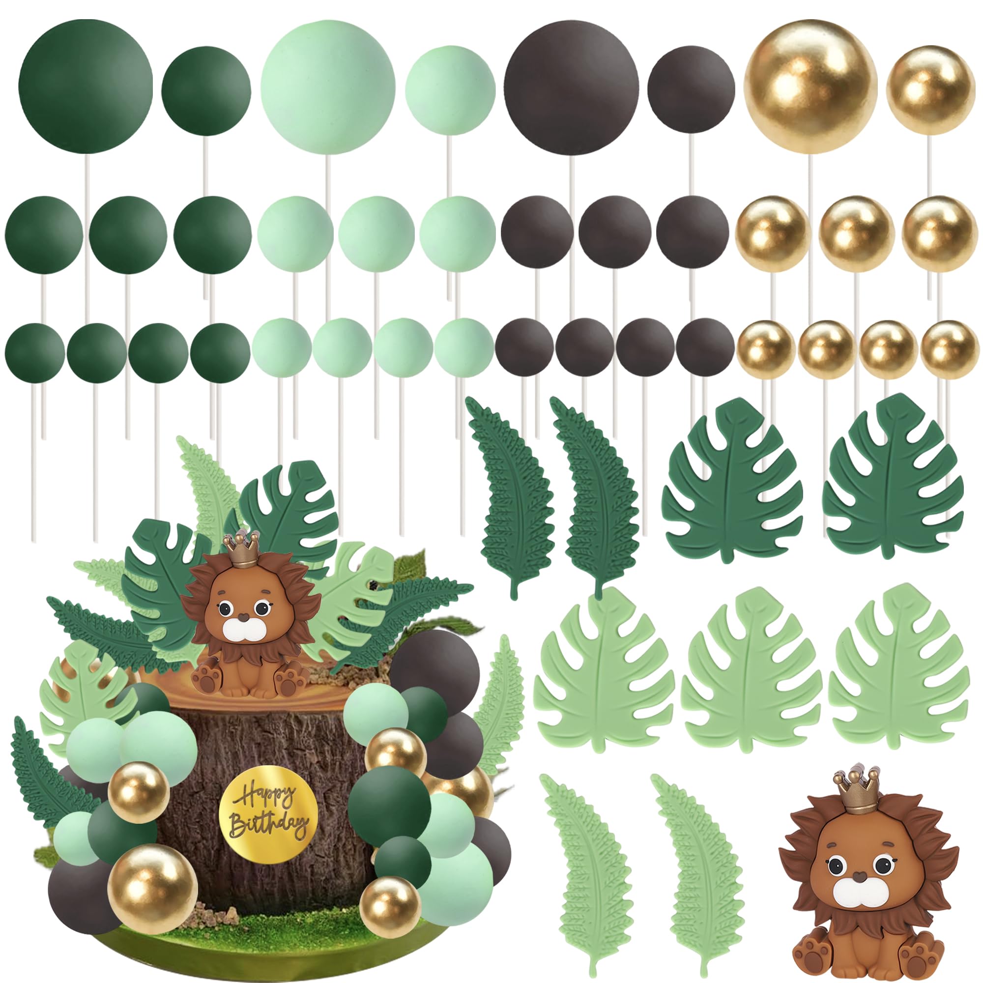 SYKYCTCY 46 Pack Balls Cake Topper Lion Cupcake Toppers Tropical Leave Woodland Tropical Farm Animals Cupcake Picks Jungle Safari Animal Cake Decorations Kids Birthday Baby Shower Theme Party Supplies