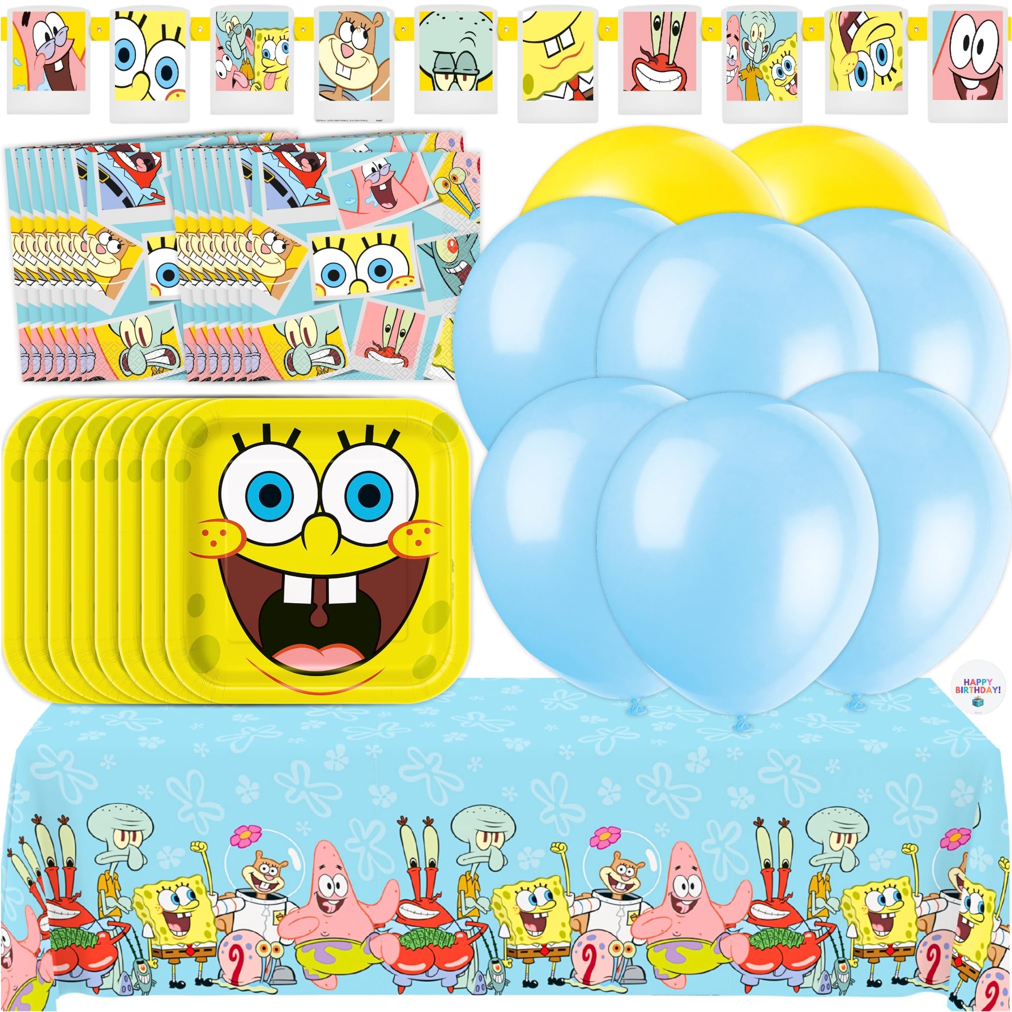 Spongebob - Decorazioni di compleanno per feste, 16 ospiti, tovaglia, striscione, palloncini, piatti, tovaglioli, adesivi, licenza ufficiale