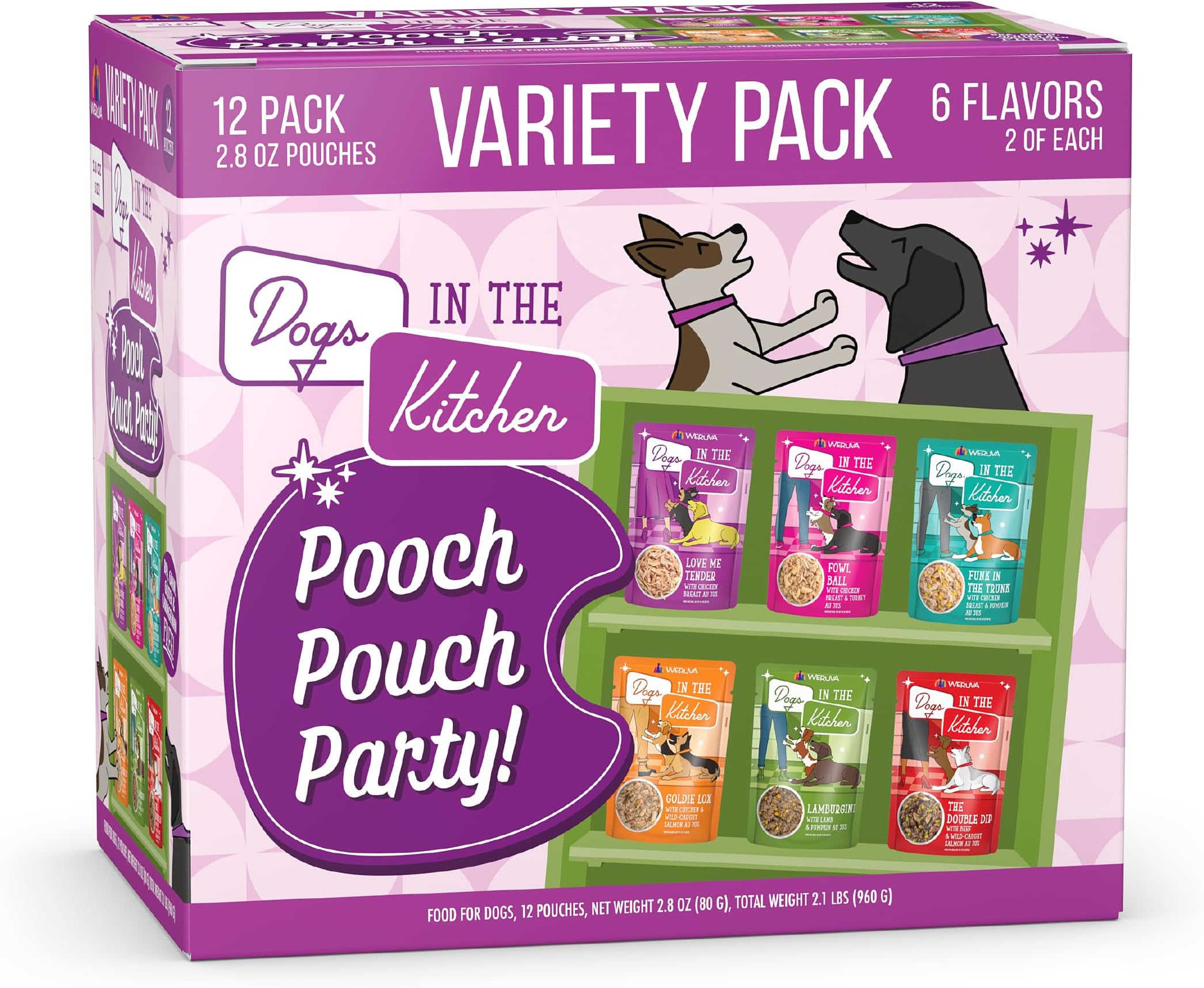 Dogs In The Kitchen, Variety Pack, Pooch Pouch Party!, Wet Dog Food, 2.8Oz Pouches (Pack Of 12)