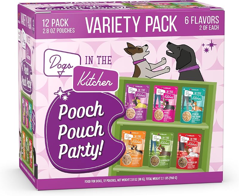 Ração úmida para cães Weruva Dogs in The Kitchen Pooch Pouch Party, sabores variados, sachês de 79 g, Pacote com 12