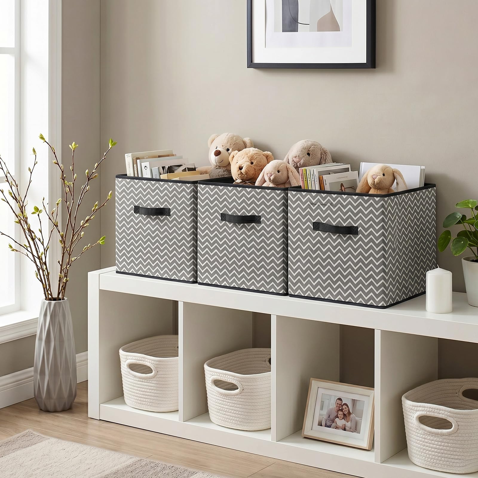 Stoff-Aufbewahrungsbox 4er-Set 33x38x33 cm – Faltbare Aufbewahrungskisten mit Griffen, Organizer für Schrank, Regal, Schublade, Kleiderschrank, Mehrfarbig (Grau mit großen Pfeilen)
