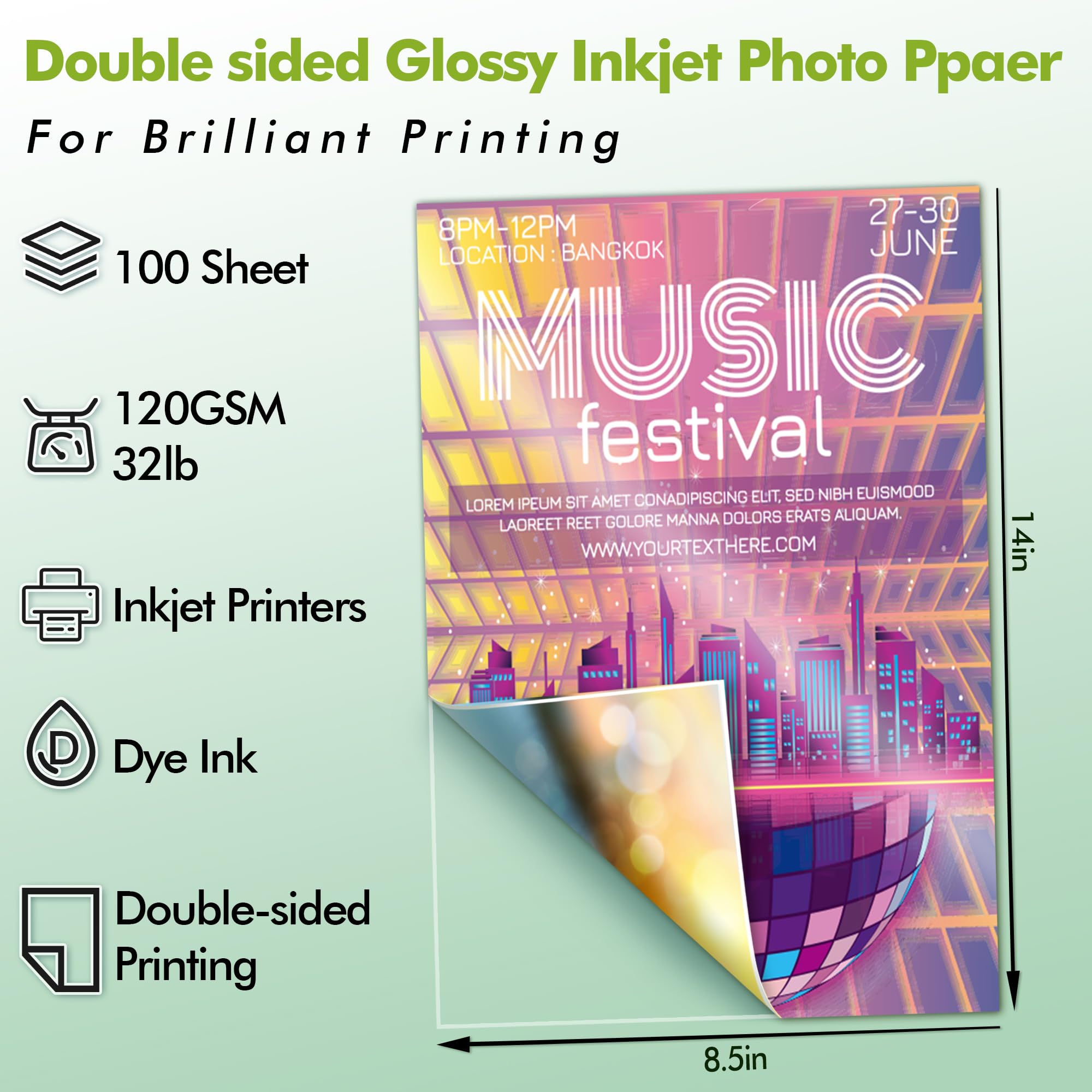 Koala - Papel fotográfico fino brillante de doble cara de 8.5 x 14 pulgadas, 120 g/m², 100 hojas, compatible con impresora de inyección de tinta y tinta de tinta, 32 libras