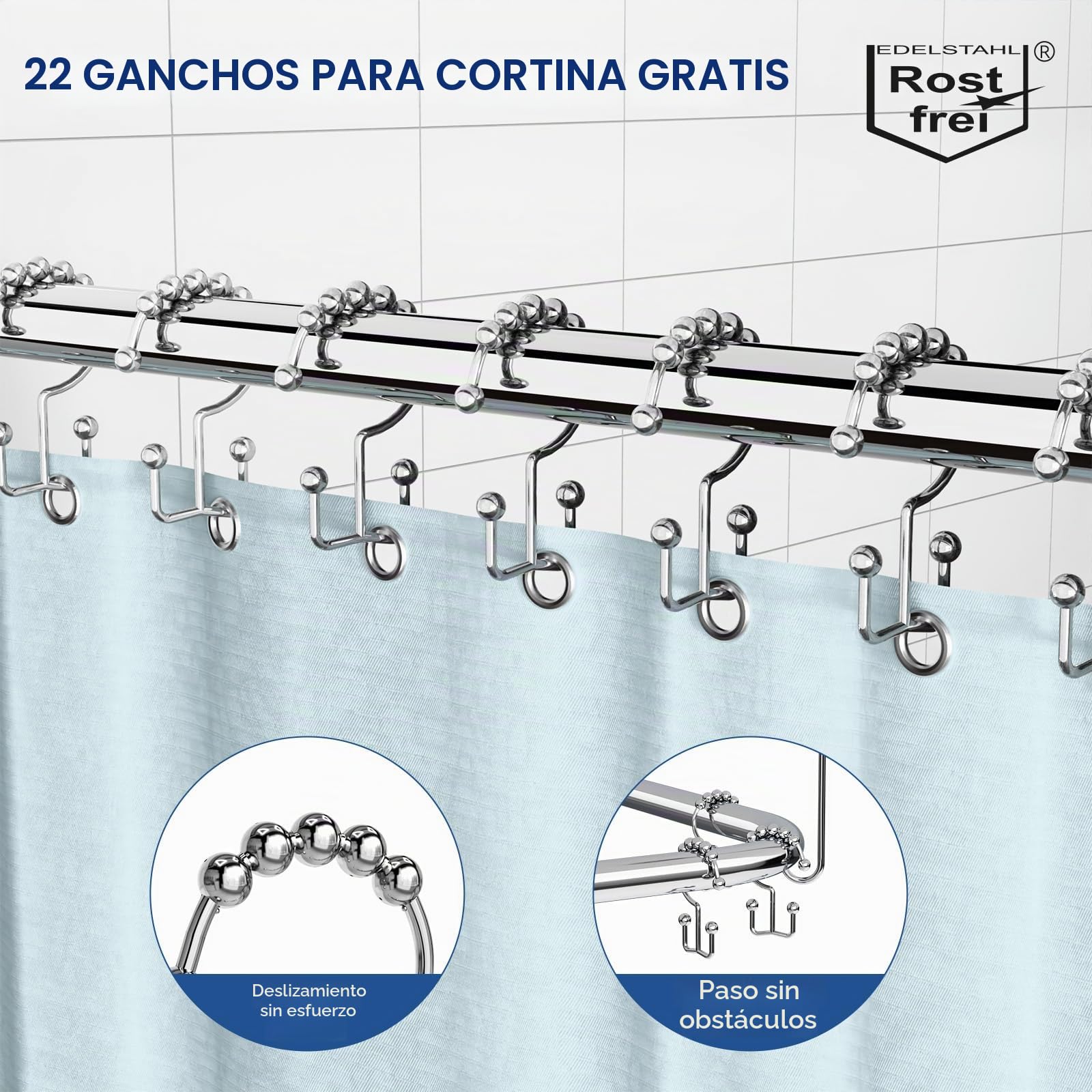 Barra de cortina de ducha en forma de U/L, [80-90] × [160-180] × [80-90]cm | Barra de ducha esquina de acero inoxidable SUS304, barra de ducha ajustable con soporte de techo, incluye 22 anillos