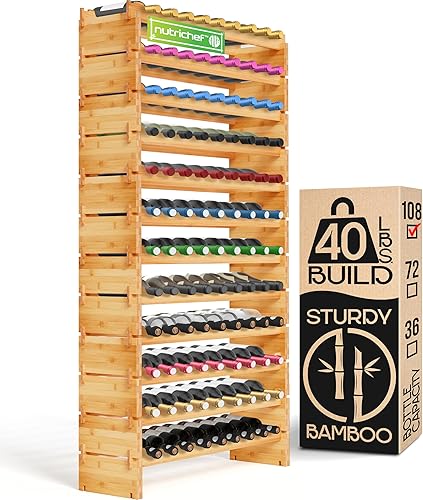 SereneLife Estante de vino apilable de bambú, capacidad de 108 botellas de 12 niveles, suelo de pie, sin herramientas, estante modular de