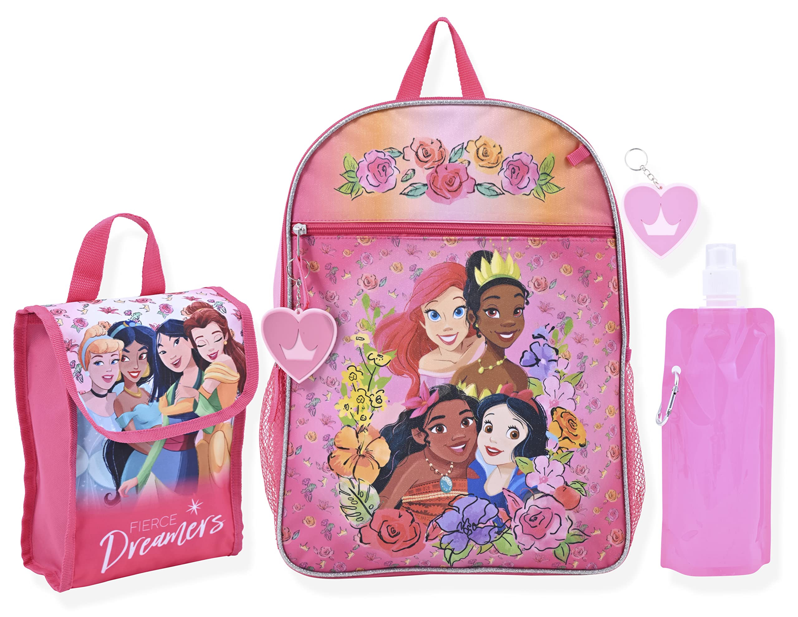 Disney Princess Girls Backpack for Little Kids | 6 Piece Set Girls Water Bottle Keychains Snack Tote and Knapsack for School