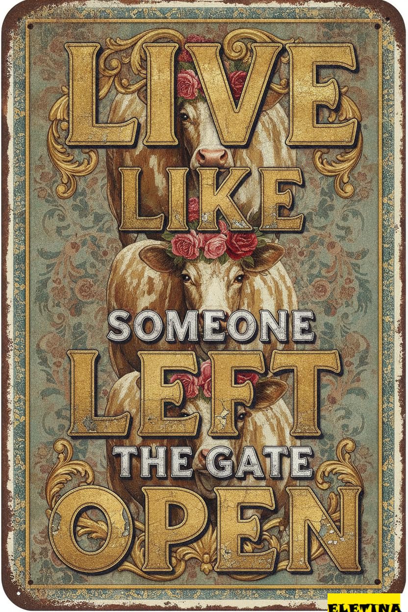 Live Like Left Gate Open Cow Tin Sign, 12x8 Inch Farm