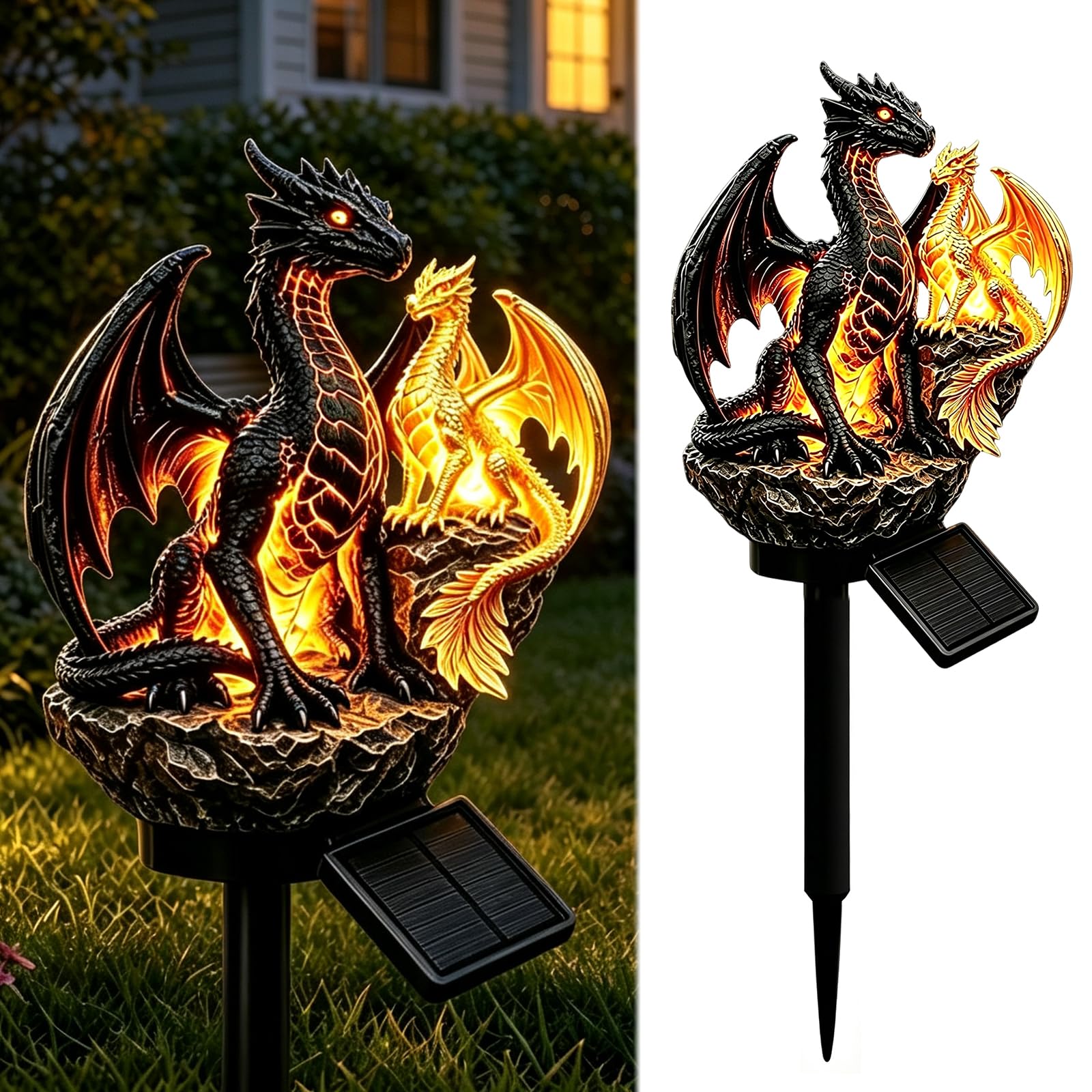 Piashow Solar Kite for Outdoor Garden, Dragon Garden Statue with Solar LED Lights for Outdoor, Lawn, Patio, Path, Decoration (Double Dragon)
