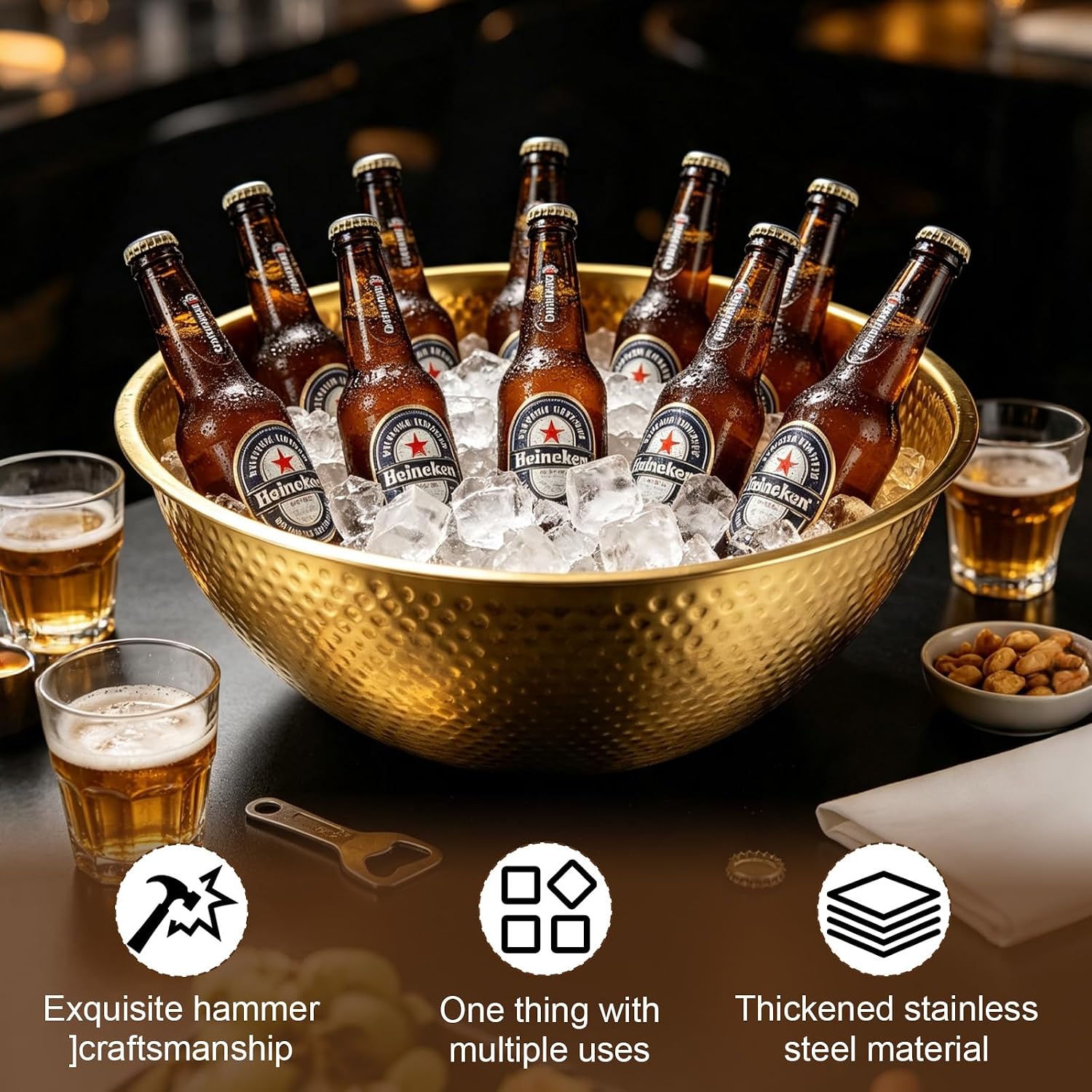 2 Pcs Large Gold Hammered Stainless Steel Beverage Tub for Parties 16.4 Qt Leak-proof Ice Bucket Drink Cooler Champagne Wine Portable Chiller Bowl for Wedding Festival Cocktail Bar Hosting Serving