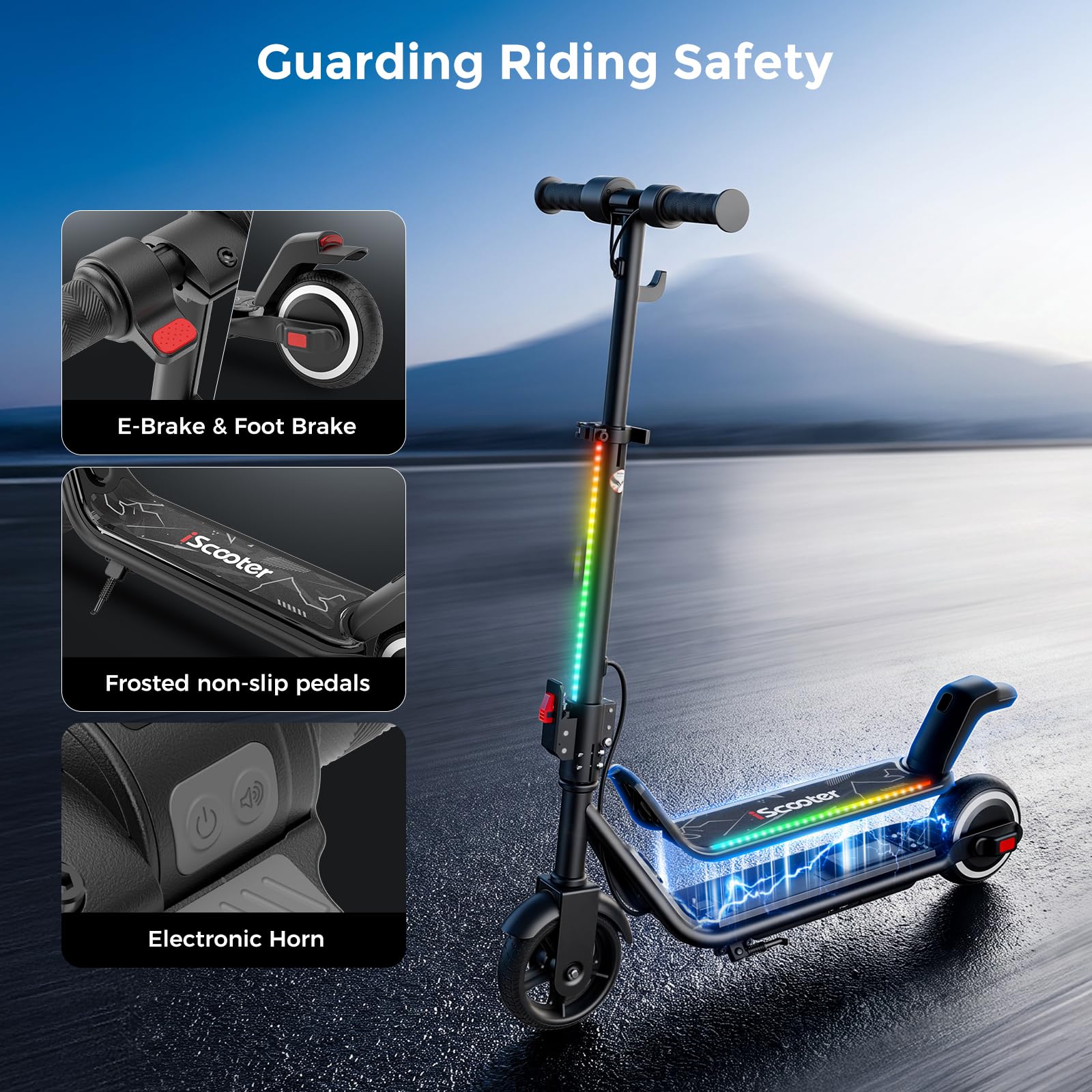 iScooter E Scooter für Kinder von 6-14 Jahren, 6,5" Faltbar Elektroroller mit Musik & 3 Höhenstufen einstellbar, 6" Leicht Kinder E Roller mit Bunte Lichter, Max Reichweite 15/7 km, 3 modi 5-19 km/h