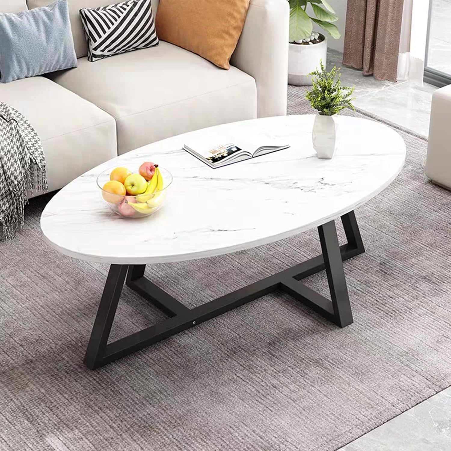 Huhote Couchtisch, Wohnzimmertisch mit Metallgestell, Satztisch, Oval Wohnzimmertisch, Sofatisch, Beistelltisch, Kaffetisch, Teetisch, Wohnzimmer möbel für Büro, 100 x 55 x 45 cm, Schwarz