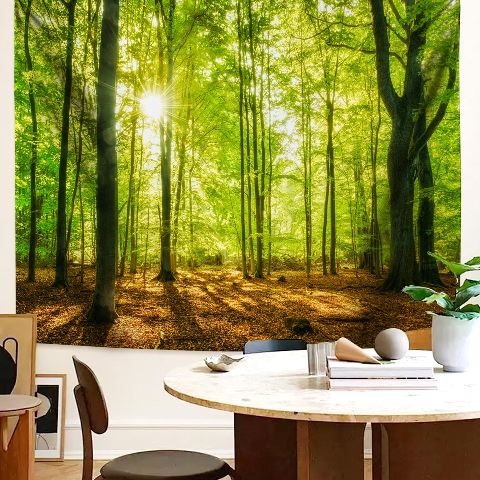 Lirzxin Tenture Murale XXL, Tapisserie Murale Jaune Vert Marron Arbre Nature Paysage Forêt Ensoleillé Tapisseries Décoration pour Chambre Salon Dortoir, 350x256 CM