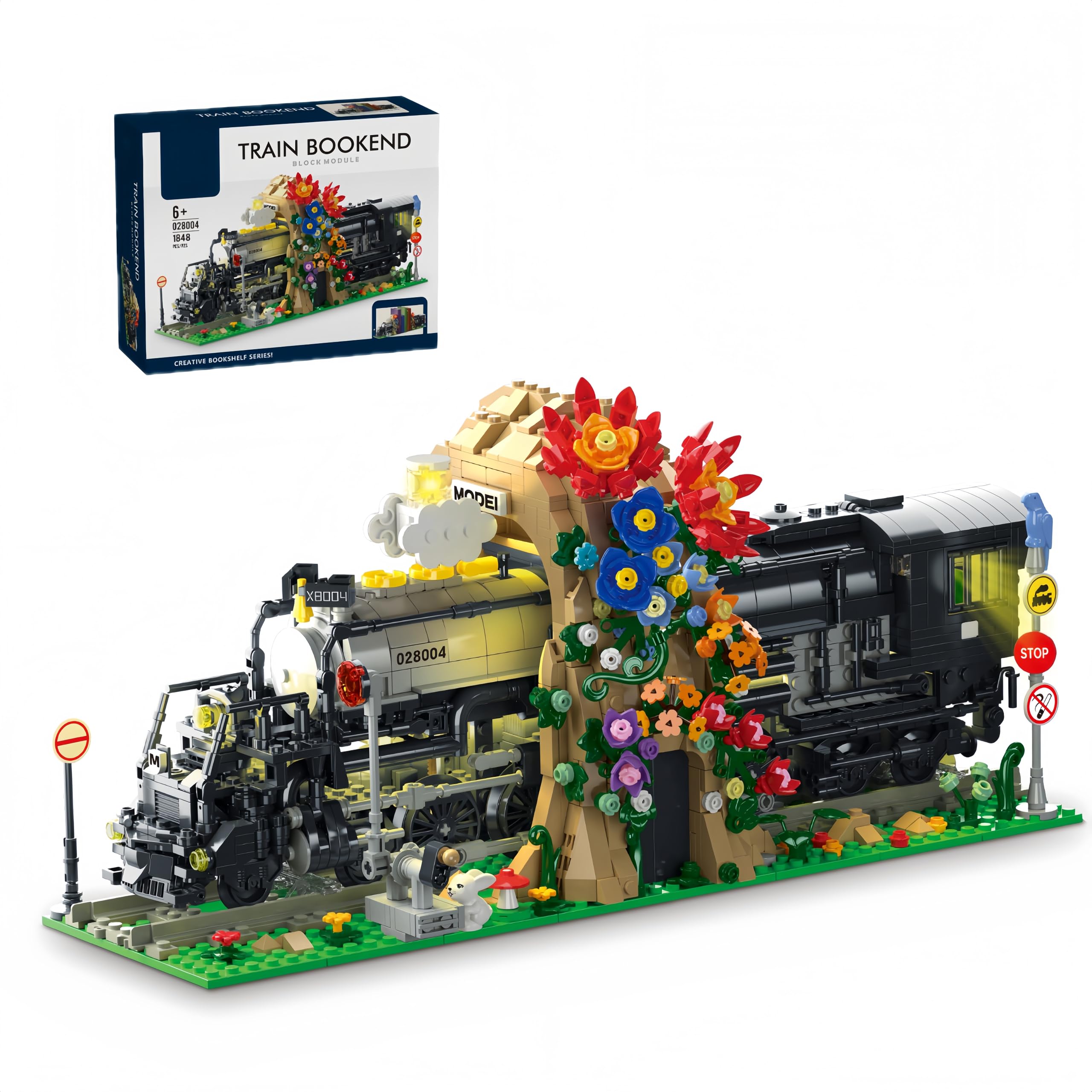 Big Black Steam Train Building Blocks Kits，Creative Flower Train Bookshelf ，1848 Pcs，Room Office Decoration，Gifts for Boys and Girls