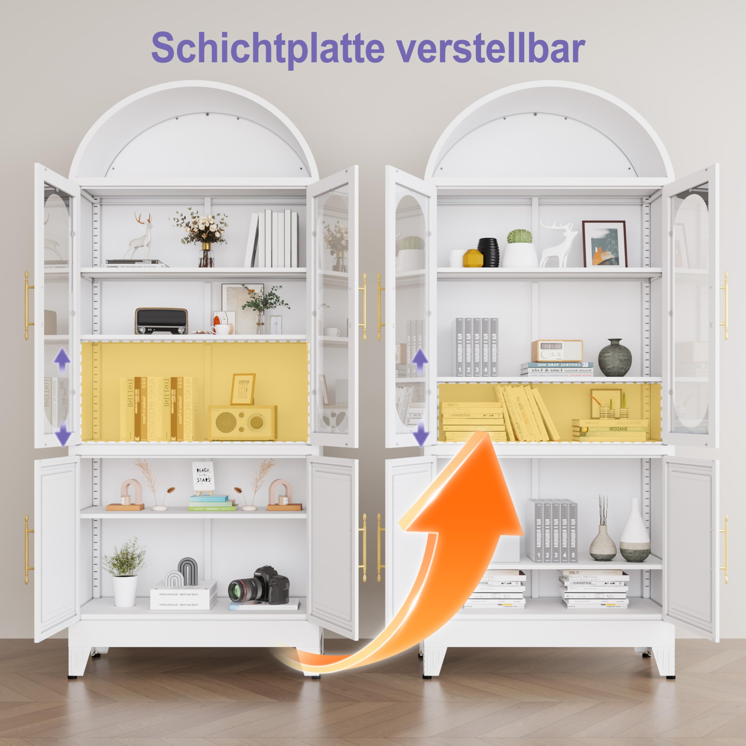 185,42 cm hoher metallener gewölbter Küchenvorratsschrank, moderner landhausstiliger Porzellanaufbewahrungs-Schrank mit Glastür und verstellbaren Regalen, vielseitiger Schrank für Küche(weiß)