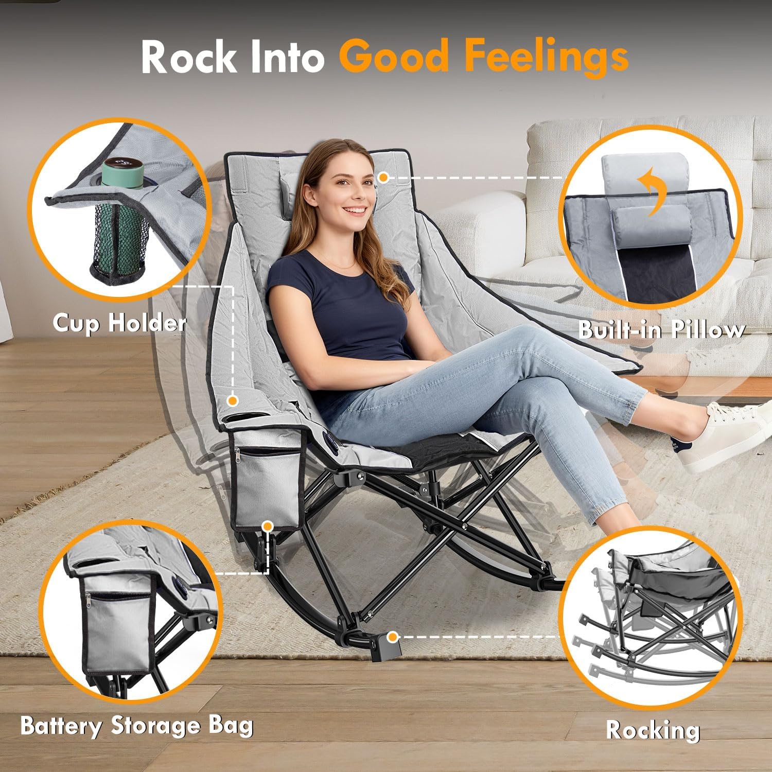 Slendor Oversized Heated Camping Chair with 2000mAh Battery, Padded & Pillow Heated Rocking Chair, 3 Adjustable Heat Settings Camping Rocker Chair for Easy Setup and Foldable Storage - Image 6