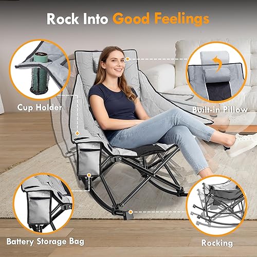 Miniatura 6 de Slendor Silla mecedora con calefacción para acampar con relleno y almohada, 3 ajustes de calor ajustables, silla de campamento plegable portátil de