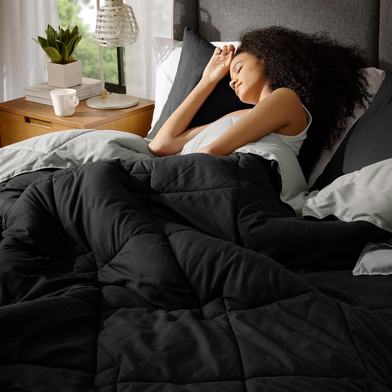 Comfort Spaces Vixie Reversible Comforter Set - Trendy Casual Geometric Quilted Cover, All Season Down Alternative Cozy Bedding, Matching Sham, Black/Gray, Full/Queen 3 piece - Image 6