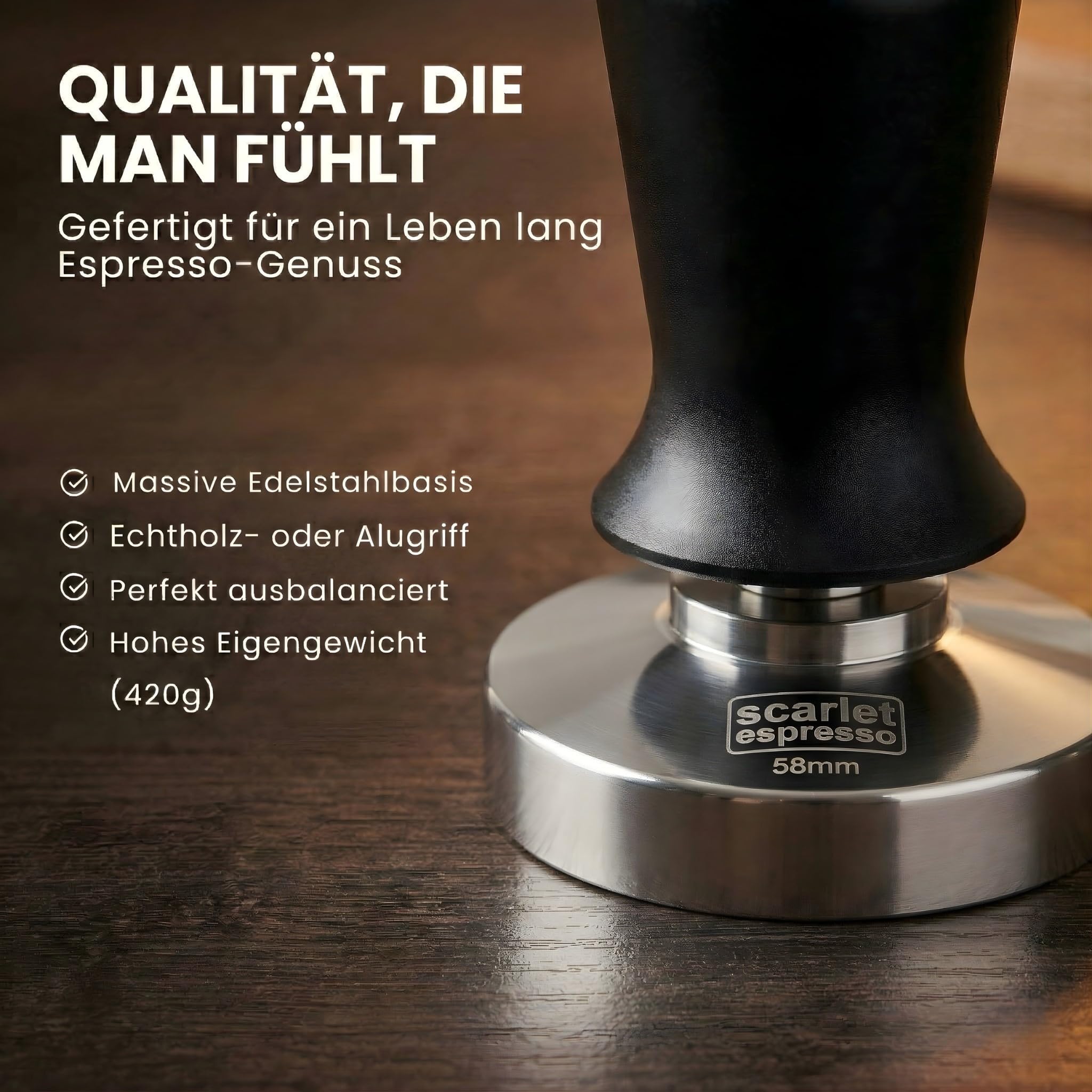 scarlet espresso | Tamper » Perfetto« per barista; pressione di contatto calibirata su 35 lb; con manico in alluminio o legno prezioso e base in acciaio inox di precisione