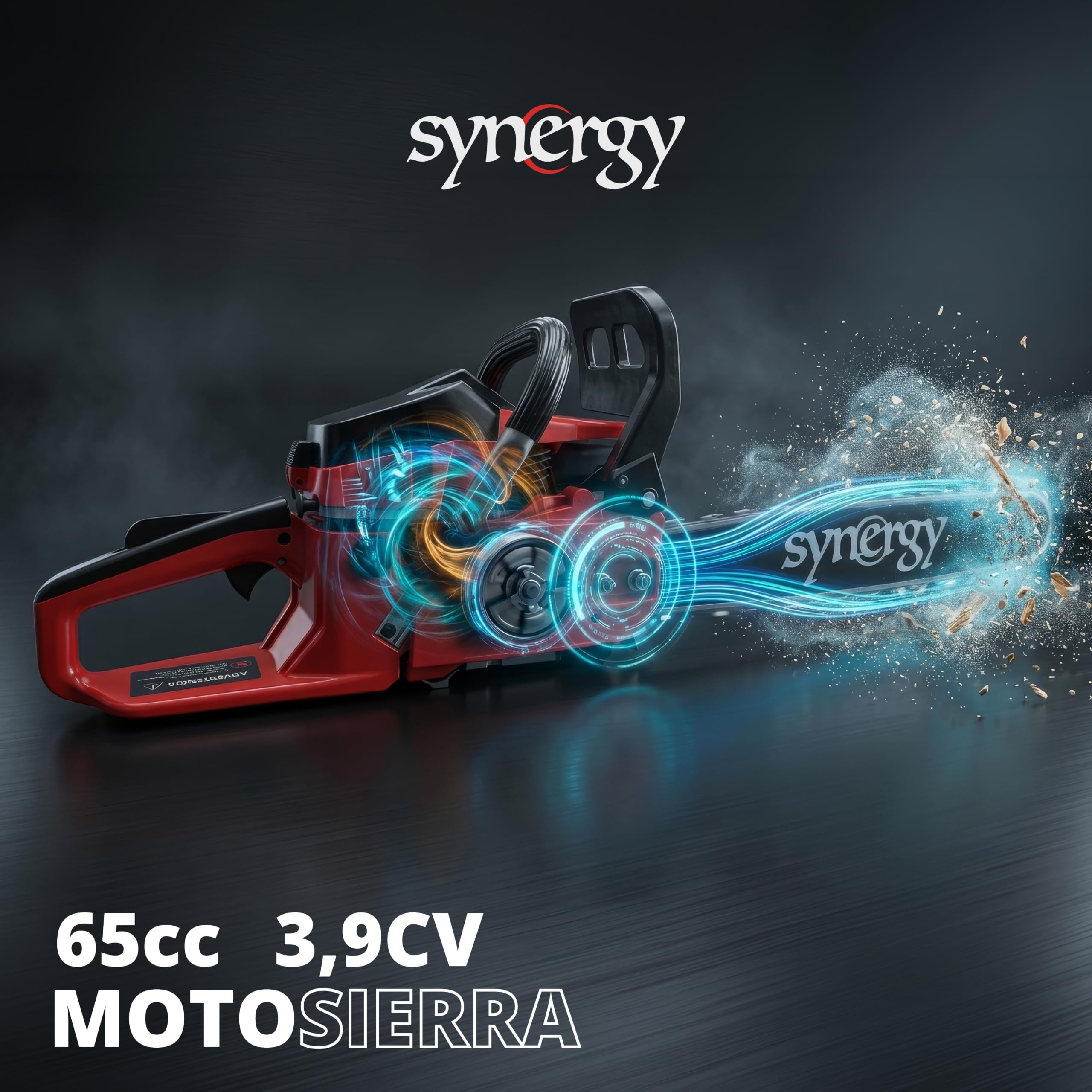 Synergy Motosierra Gasolina Profesional 65cc 3,9CV – Espada 50 cm – Motor 2 Tiempos Potente – Arranque Fácil – Antivibración – Lubricación Automática para Corte de Leña y Tala