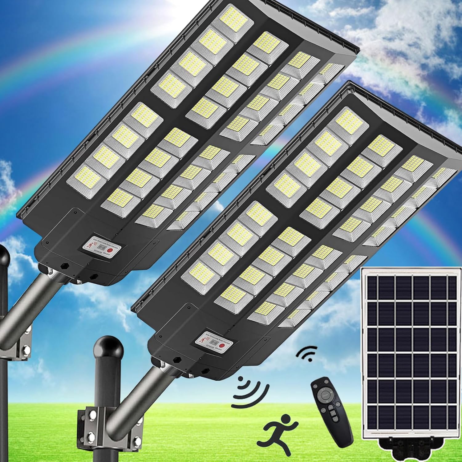 Voolex 2 Packs Solar Street Lights Outdoor Waterproof 30000LM Wide Angle Flood Light, Solar Dusk to Dawn Lights Outdoor with Remote Control  Motion Sensor for Garden,Yard, Path, Parking Lot