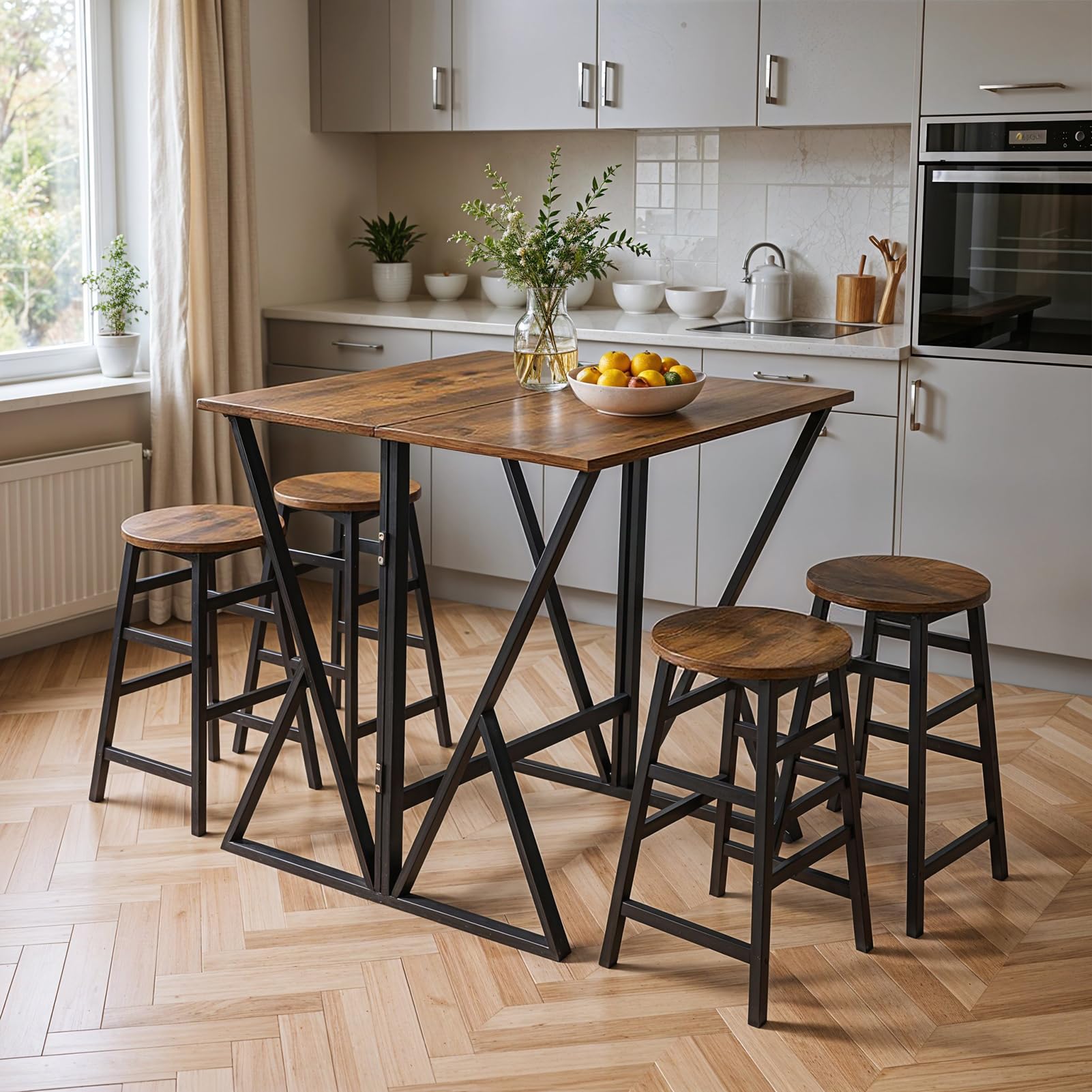 Warmiehomy Folding Table and Chairs Set 4, Industrial Kitchen Breakfast Bar Table and Stools Set, Space Saving Foldable Table and 4 Chairs for Dining Room, Living Room, Brown