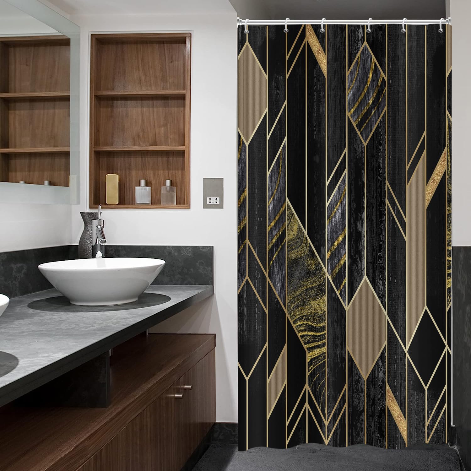 ASDCXZ Shower Curtain Black Gold Marble 90x180 cm, Modern Light Luxury Gold Line Marble Optic Bathroom Shower Curtains Washable Polyester Textile Waterproof Shower Curtain for Bathtub with 6 Hooks