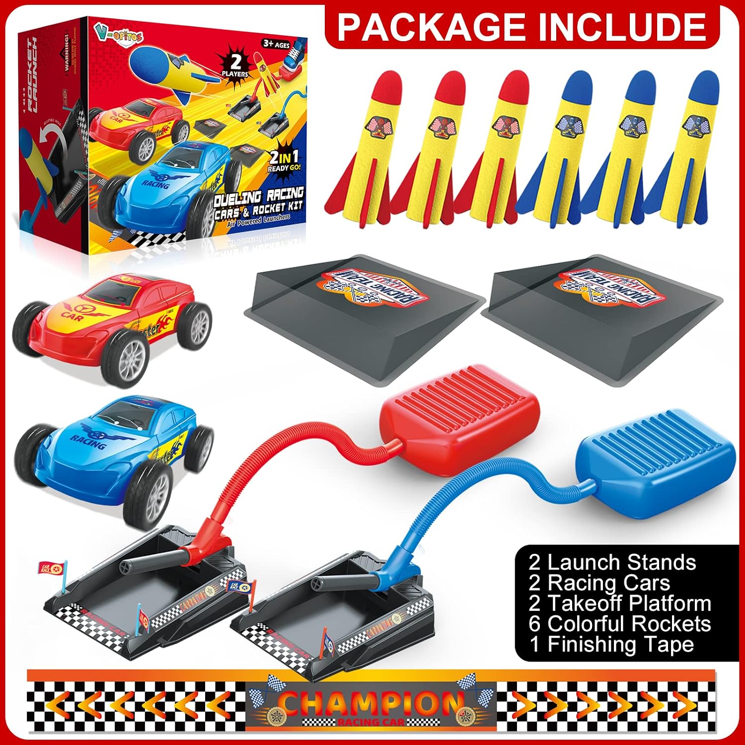 V-Opitos 2 in 1 Rocket & Racing Car Launch Toys for Kids Age of 3, 4, 5, 6, 7, 8 Year Old Boys & Girls, Set of 2 Air Launcher Toys for Outdoor & Indoor Game, Ideal Christmas & Birthday Gift