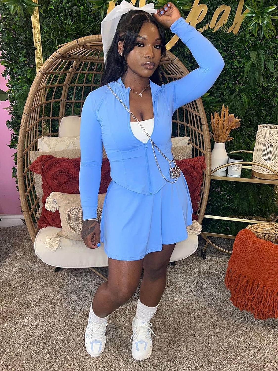 Women 2 Piece Outfits Tracksuit Sets Long Sleeve Zipper Jacket Crop Top and Mini Skirt Skort Set Casual Workout Sweatsuits - Image 4