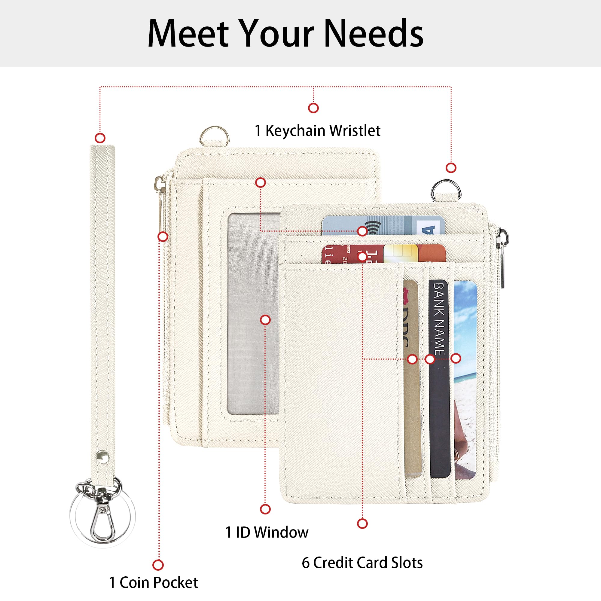 SEAVILIA Small Wallet for Women Slim Wristlet Keychain Wallets RFID Credit Card Holder With Zipper Pocket, ID Window (Beige)