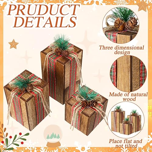 Miniatura 3 de 3 piezas de centros de mesa de Navidad, regalos de madera rústica de Navidad, bloques de imitación, decoración de mesa con bandeja escalonada con
