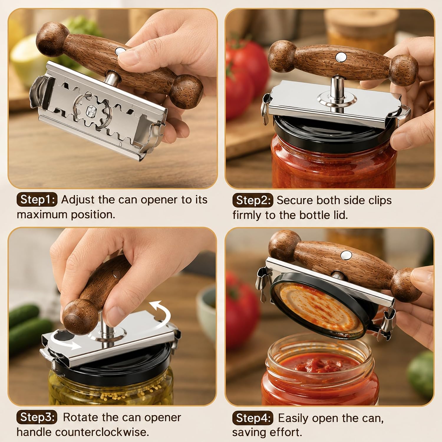 Jar Opener for Seniors with Weak Hands – Adjustable Lid Remover Tool for Jars & Bottles – Heavy Duty Stainless Steel with Wood Handle