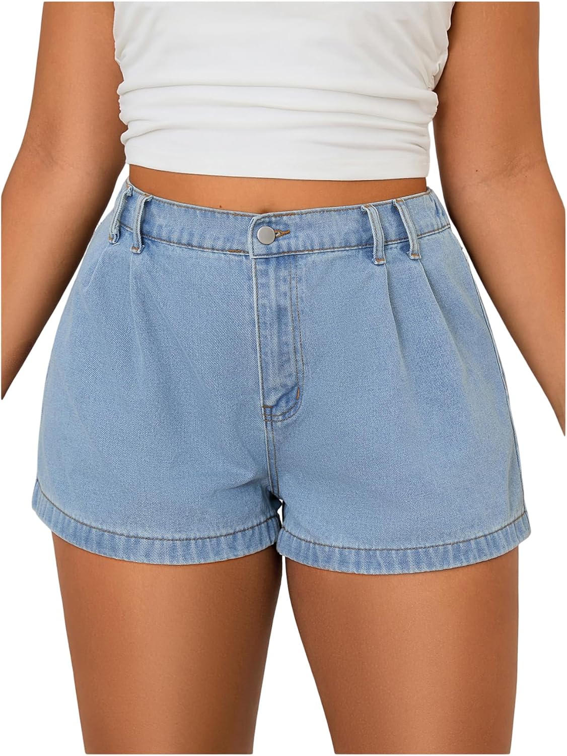 WDIRARA Women's Plus Size High Waist Pleated Wide Leg Jeans Denim Shorts with Pockets