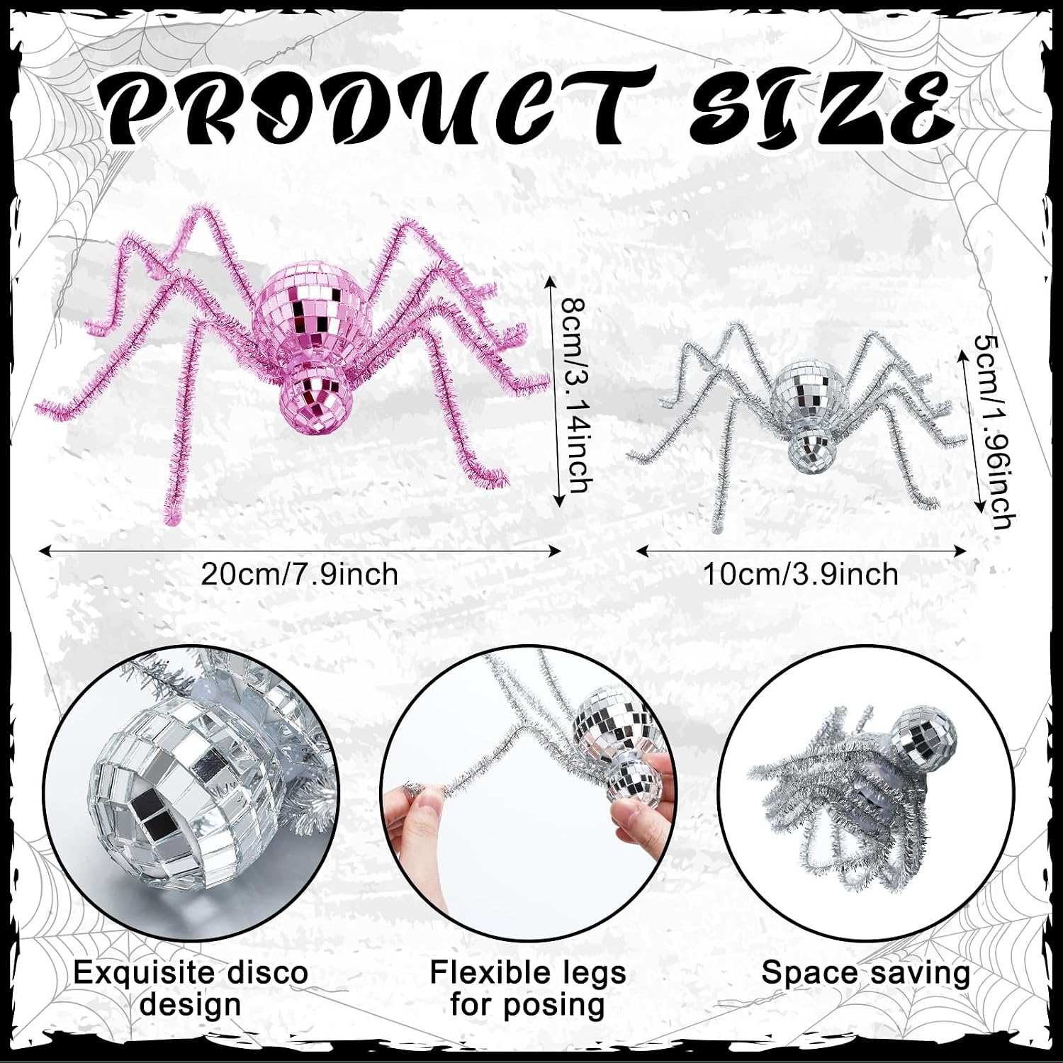 Beeveer 6pcs Halloween Disco Spider Decor 7.9'' 3.9'' Fake Spider, Pink