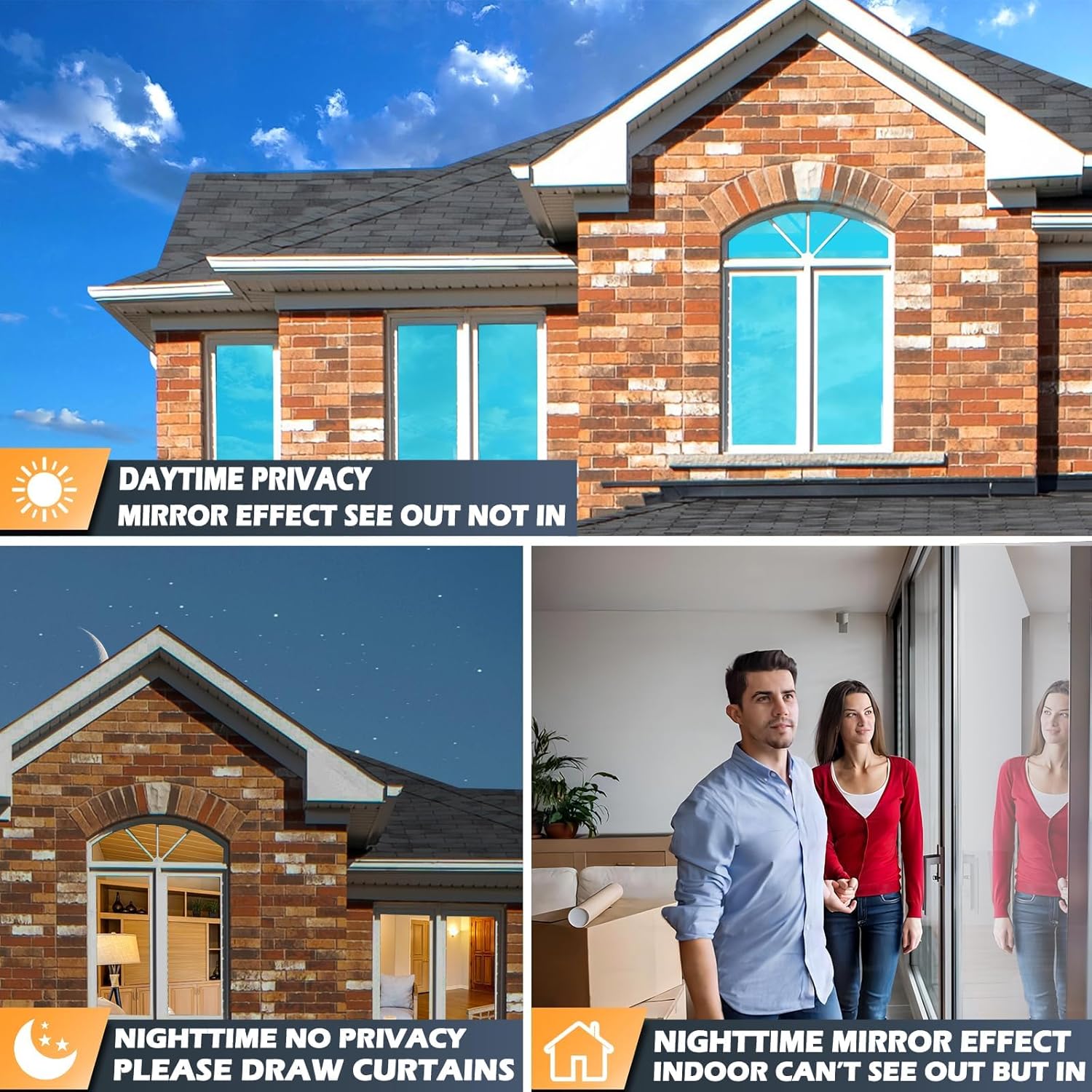 XhuangTech One-Way Window Film, Blue Daytime Privacy Window Film Non-Adhesive Heat Control Sun UV Blocking Tint See Out Not in Feflective Window Tint for Home, 23.6 x 157.4 inches