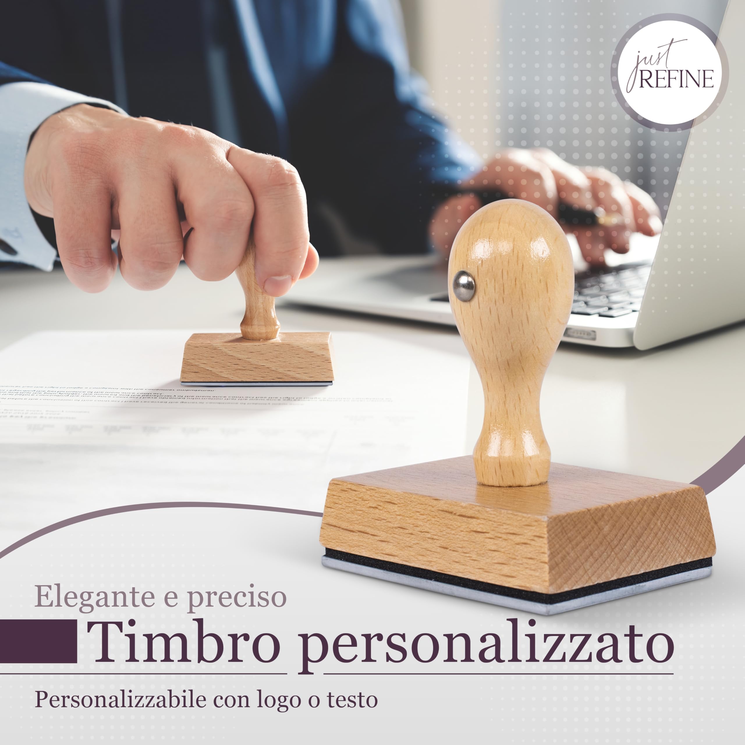Timbro personalizzato, timbro con logo/testo, timbro aziendale con logo e testo, timbro con indirizzo e data in legno, varie dimensioni (ø 50mm)