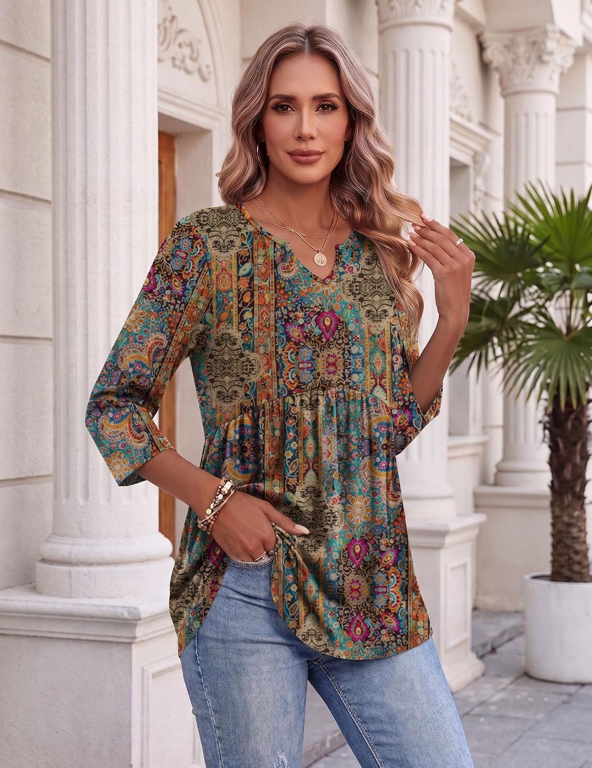  3/4 Length Sleeve Womens Tops 2026 Blouses for Women Dressy Casual Fashion Clothing V Neck T-Shirts Summer Outfits thumbnail