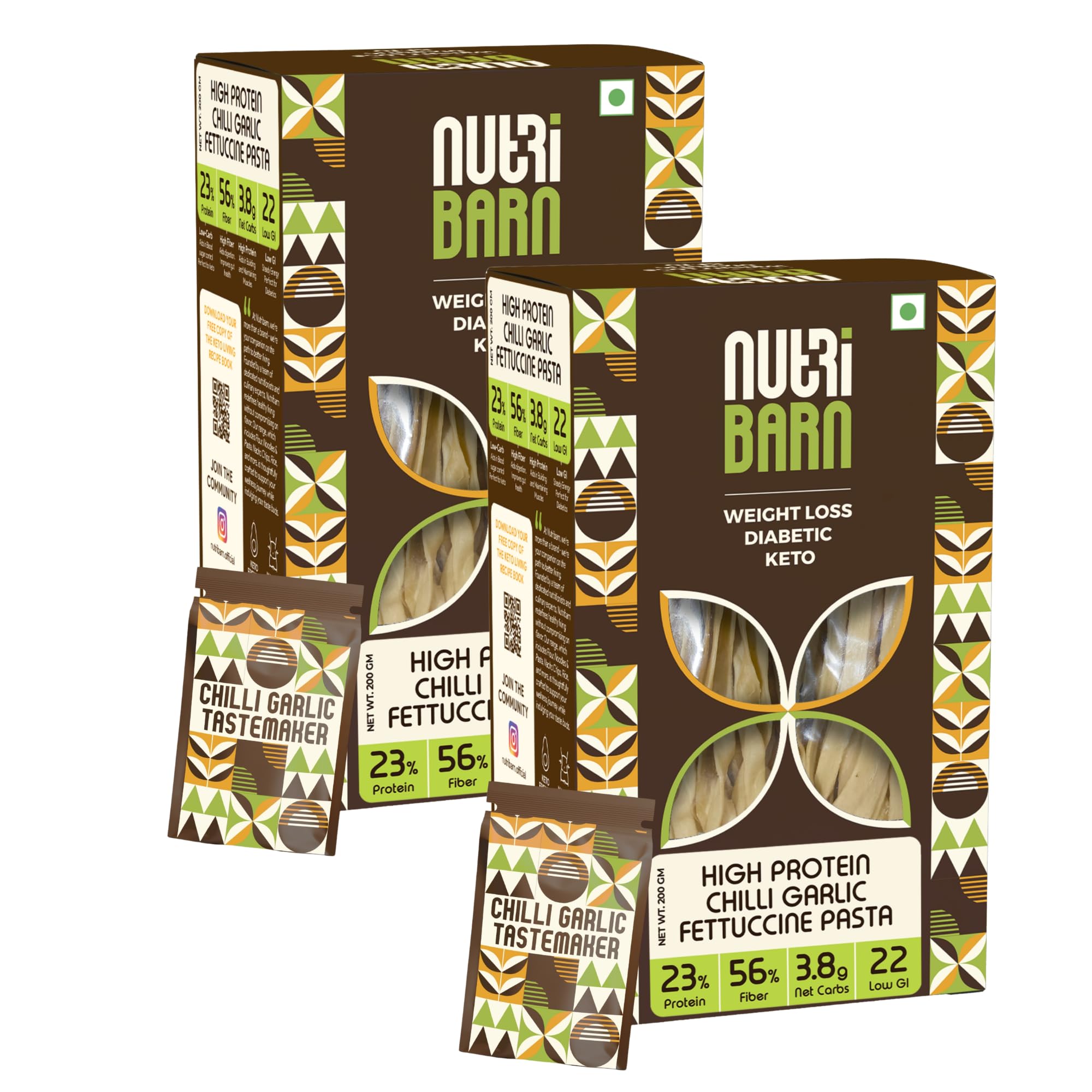 Nutribarn High Protein Low Carb Chilli Garlic Fettuccine Pasta 400 Gms | 23% Protein | 3.8g Net Carbs | Lab Tested Low GI 22 | Diabetic Friendly, Weight Management Flat Noodles | 200g (Pack of 2)