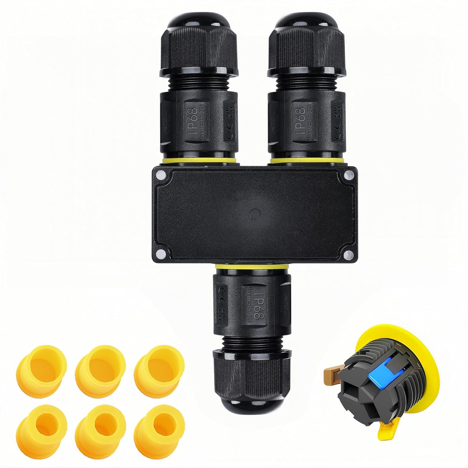 IP68 Waterproof Junction Box Outdoor Y-Shape 3way 3Pin (AC450v,24A) M20 Wire Range(4-12mm) Electrical Quick Release Cable Connector,Suitable for Repair and Extend Power Cables,UL 1Pack
