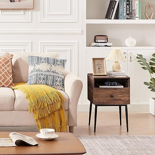 Miniatura 15 de VECELO Juego de 2 mesitas de noche modernas, mesa auxiliar cuadrada con cajón y espacio de almacenamiento para dormitorio y sala de estar Marrón