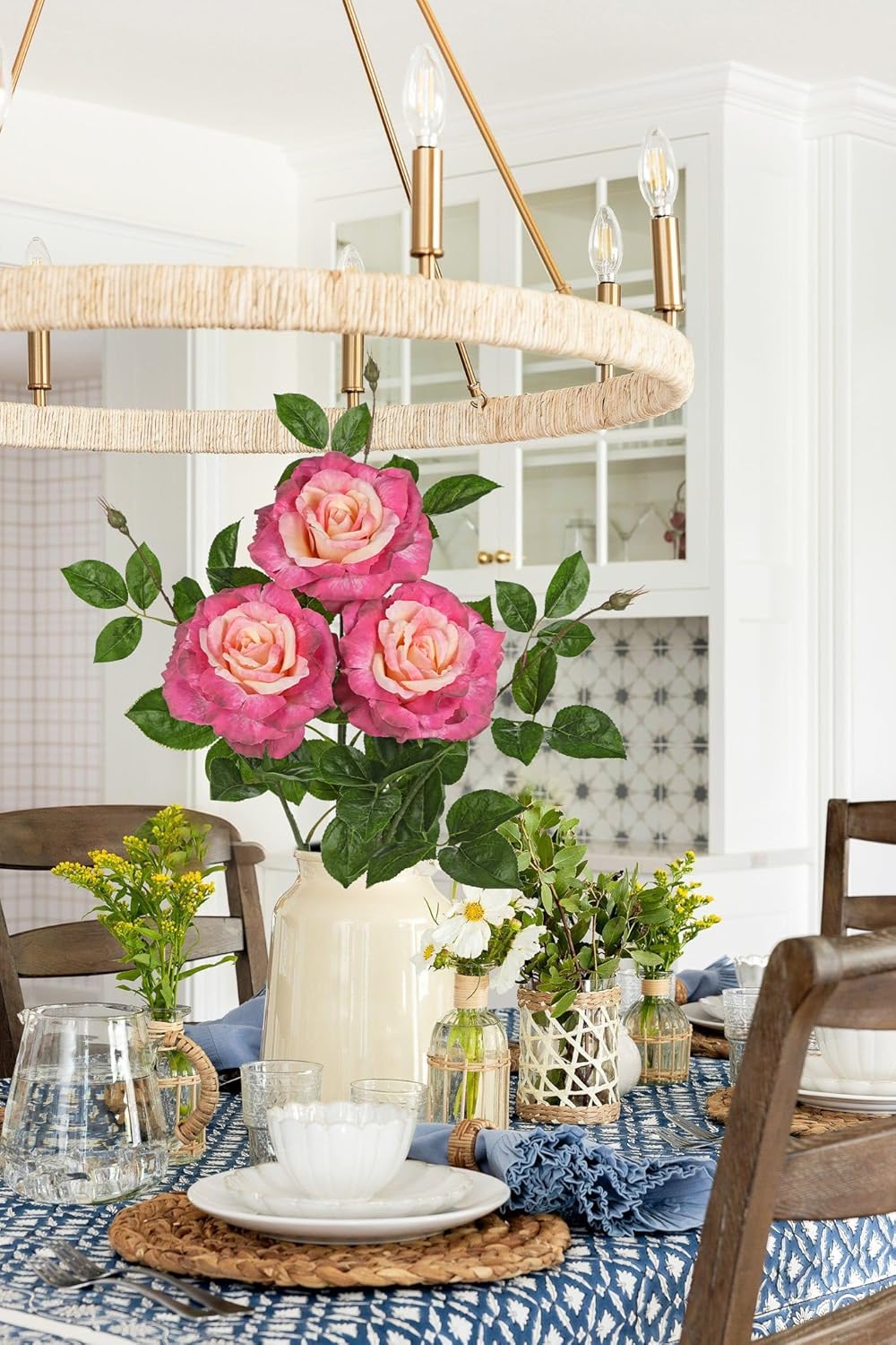 Hollyone 3Pcs Pink Roses Artificial Flowers Bouquets 26.3" Fake Flower Arrangements Silk Flowers Rose with Long Stem Floral Branch Faux Roses Flowers DIY Wedding Party Table Centerpieces Home Decor - Image 4